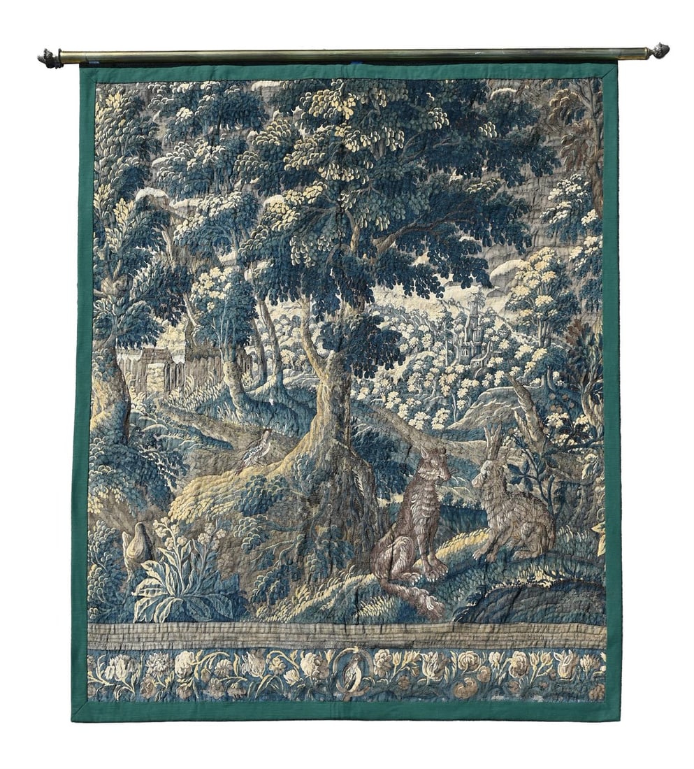 A FLEMISH AESOP'S FABLE VERDURE FRAGMENT WITH THE FOX AND HARE, LATE 17TH OR EARLY 18TH CENTURY: A FLEMISH AESOP'S FABLE VERDURE FRAGMENT WITH THE FOX AND HARE LATE 17TH OR EARLY 18TH CENTURY approximately 253 x 201cm, the brass hanging pole 236cm long Provenance: The Lonsdale Family Collection f