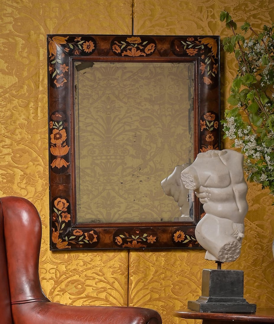 A WILLIAM & MARY WALNUT OYSTER AND FLORAL MARQUETRY CUSHION MIRROR, CIRCA 1690 (1 of 3)