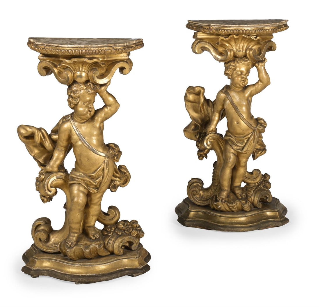 A PAIR OF ITALIAN CARVED GILTWOOD FIGURAL CONSOLE TABLES, EARLY 18TH CENTURY (1 of 5)