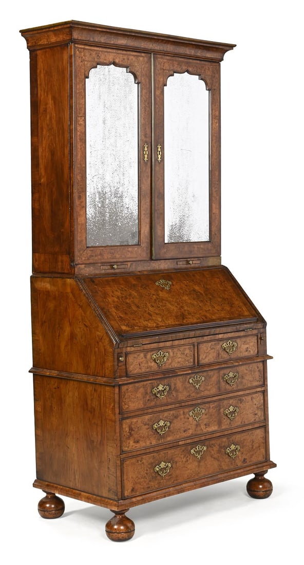 A GEORGE I BURR WALNUT AND FEATHERBANDED BUREAU BOOKCASE, CIRCA 1720 (1 of 4)