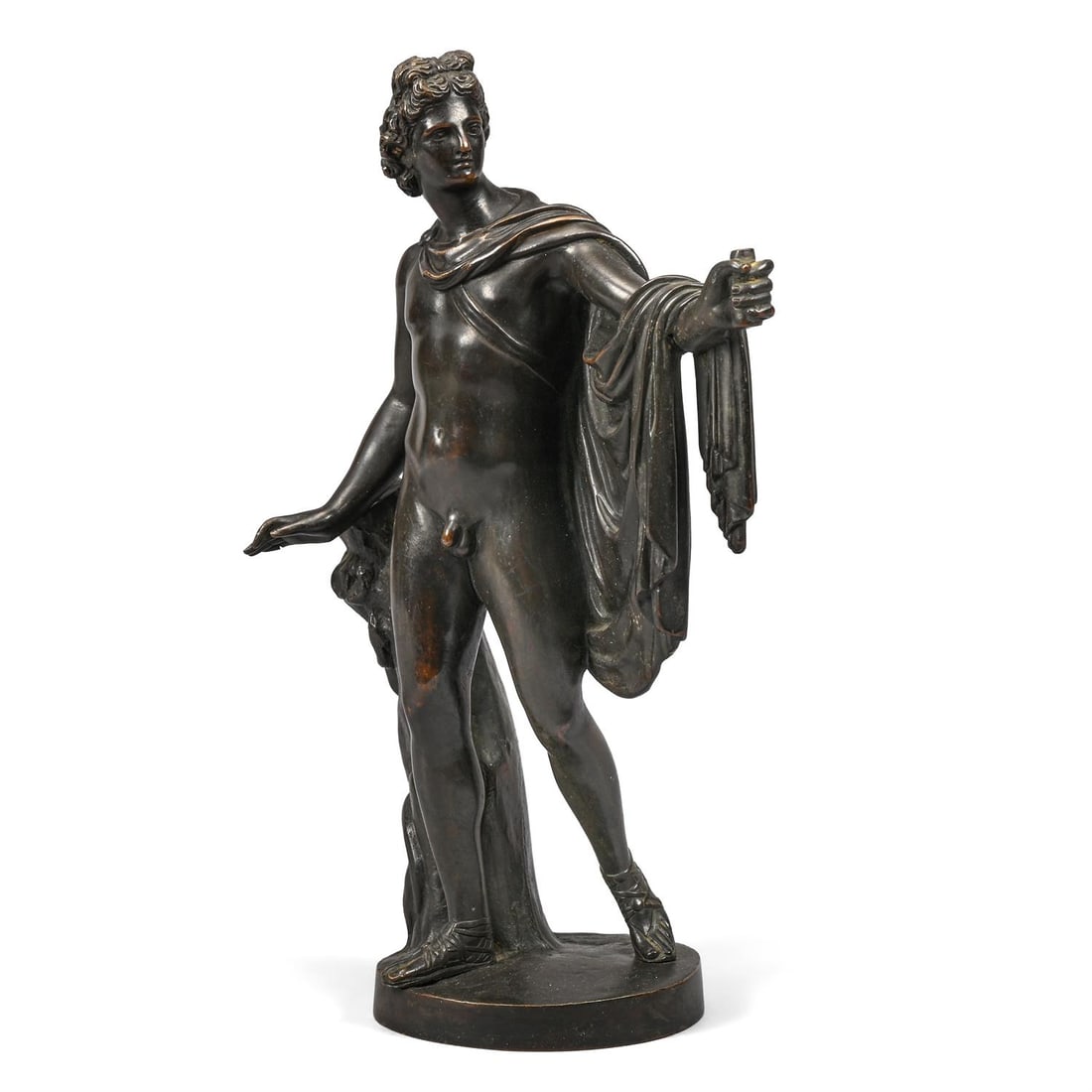 AFTER THE ANTIQUE, A BRONZE FIGURE OF THE APOLLO BELVEDERE, LATE 18TH OR EARLY 19TH CENTURY (1 of 4)