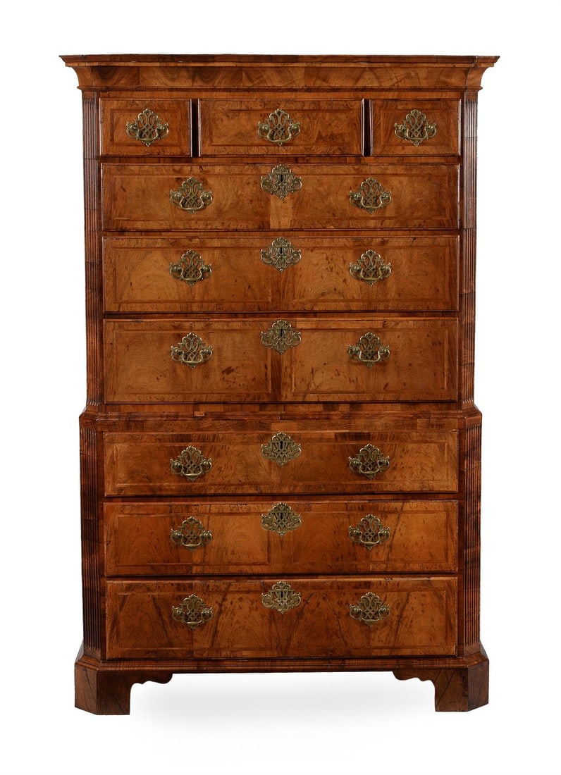 A GEORGE II WALNUT AND FEATHERBANDED CHEST ON CHEST, CIRCA 1730 (1 of 3)