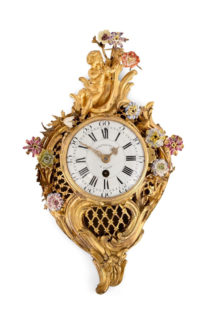 A LOUIS XV PORCELAIN MOUNTED ORMOLU CARTEL CLOCK, ATTRIBUTED TO VERNEAUX A PARIS, MID 18TH CENTURY (1 of 4)