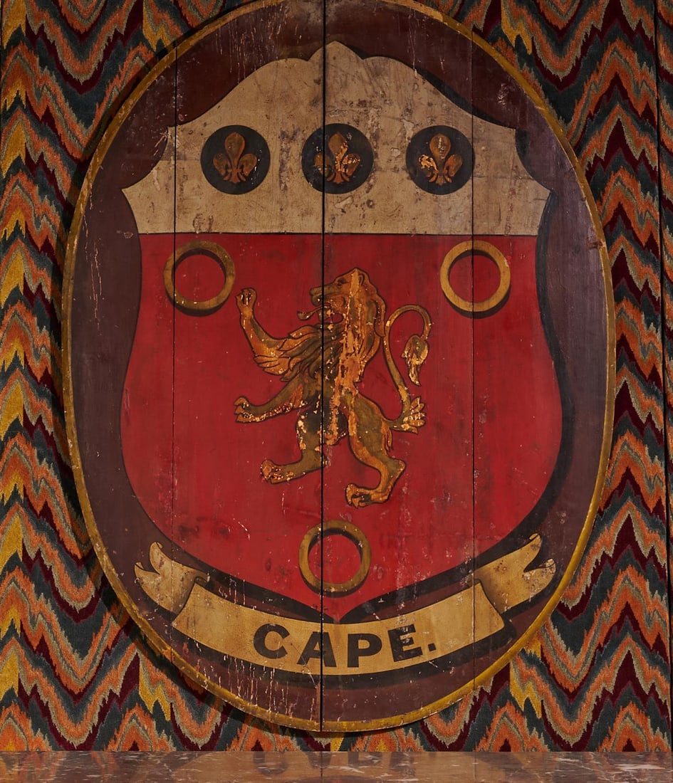A LARGE POLYCHROME PAINTED AND PARCEL GILT COAT OF ARMS OF THE CAPE COLONY (1 of 3)