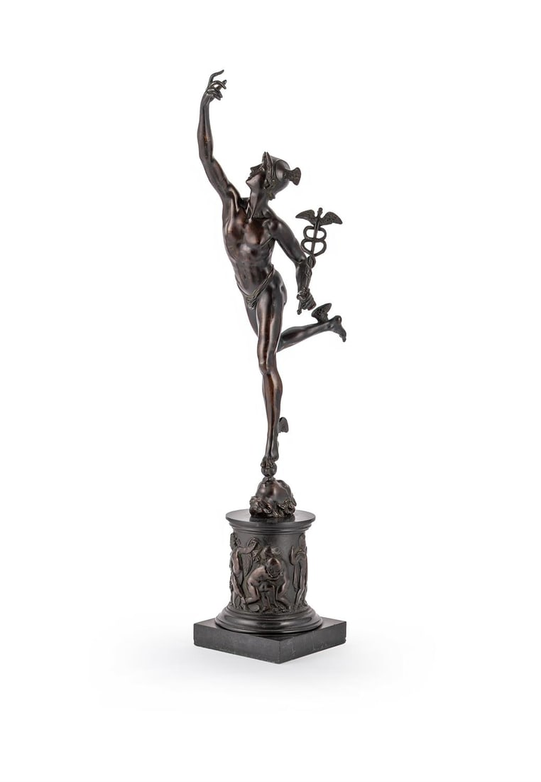 AFTER GIAMBOLOGNA, A BRONZE FIGURE OF MERCURY, LATE 19TH CENTURY: AFTER GIAMBOLOGNA, A BRONZE FIGURE OF MERCURY LATE 19TH CENTURYSet on a zephyr head, the cylindrical socle below with frieze decoration, on a polished stone plinth85cm high overall, the base 17cm wide