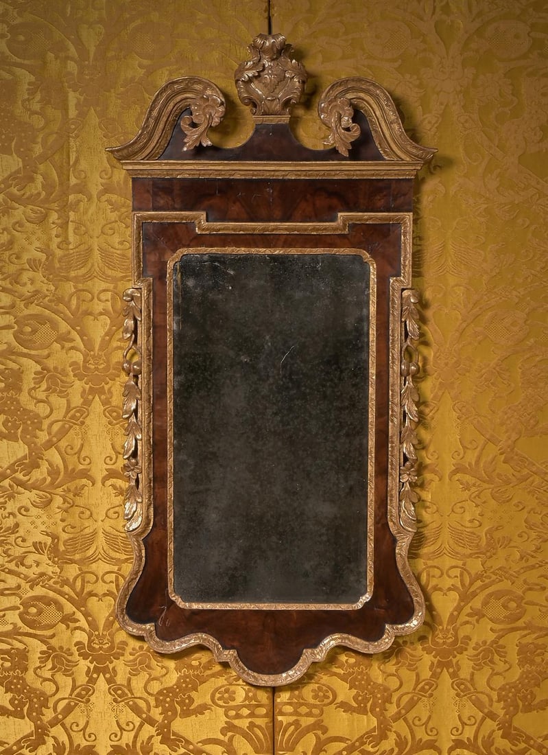A LARGE GEORGE II WALNUT AND PARCEL GILT MIRROR, CIRCA 1740 (1 of 3)