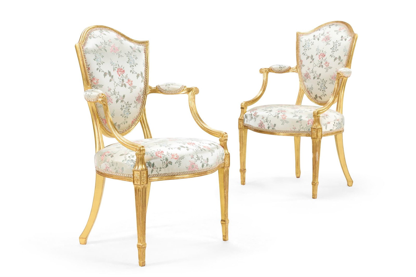 ‡ A PAIR OF GEORGE III GILTWOOD AND FLORAL EMBROIDERED SILK UPHOLSTERED ARMCHAIRS, CIRCA 1790 (1 of 4)
