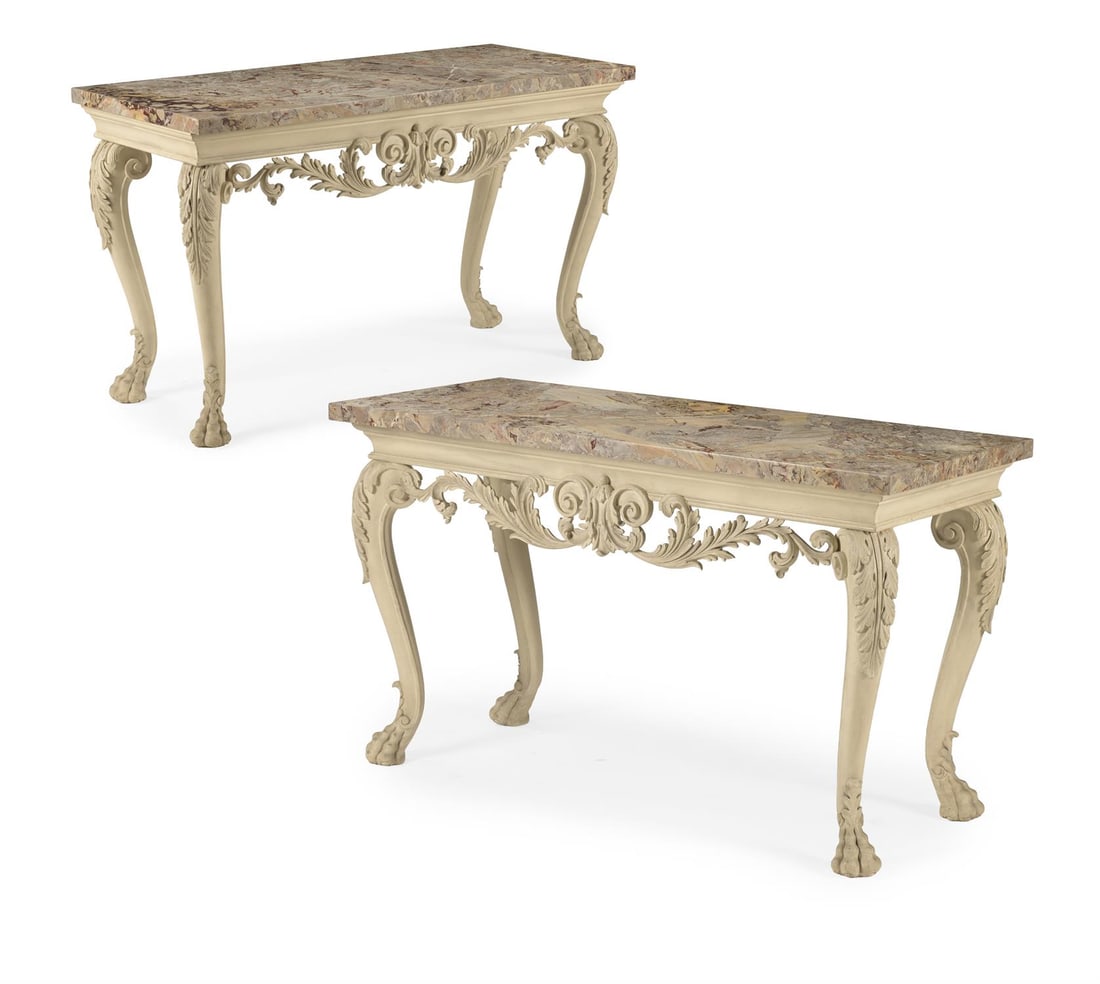 A PAIR OF CARVED WOOD AND PAINTED CONSOLE TABLES, IN GEORGE II STYLE, OF RECENT MANUFACTURE (1 of 4)
