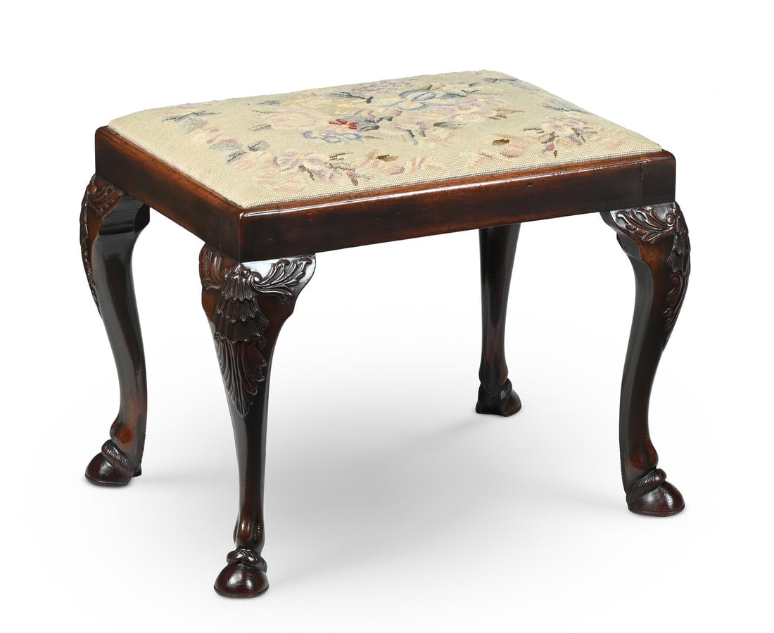 A GEORGE III MAHOGANY AND NEEDLEWORK UPHOLSTERED STOOL, CIRCA 1770: A GEORGE III MAHOGANY AND NEEDLEWORK UPHOLSTERED STOOLCIRCA 177046cm high, 55cm wide, 47cm deep