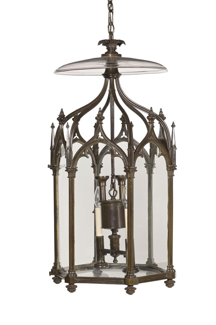 A LARGE BRONZE GOTHIC HEXAGONAL HALL LANTERN, EARLY 19TH CENTURY (1 of 4)