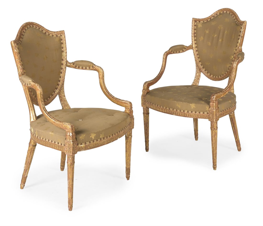 A FINE PAIR OF GEORGE III GILTWOOD OPEN ARMCHAIRS, AFTER THE DESIGN BY JAMES WYATT, CIRCA 1790: A FINE PAIR OF GEORGE III GILTWOOD OPEN ARMCHAIRSAFTER THE DESIGN BY JAMES WYATT, ATTRIBUTED TO GILLOWS, CIRCA 179096cm high, 61cm wide, 60cm deepA pair of closely comparable painted open armchairs, a