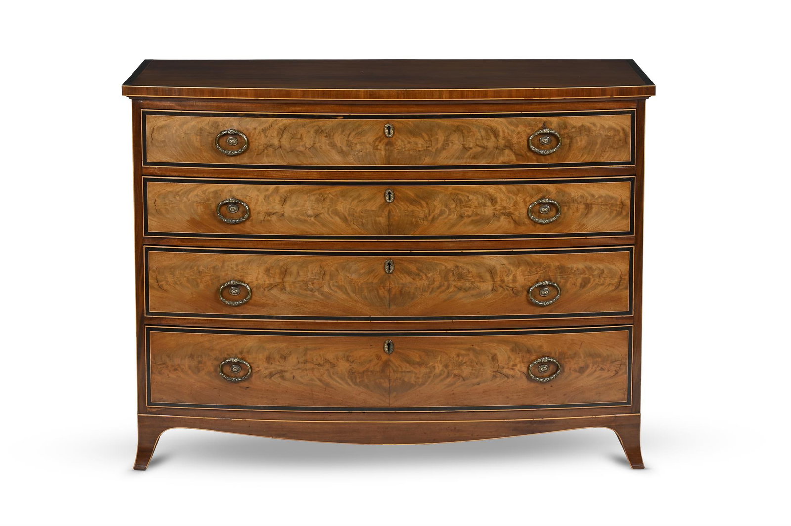 Y A GEORGE III MAHOGANY AND EBONY CROSSBANDED BOWFRONT CHEST OF DRAWERS, CIRCA 1790 (1 of 3)