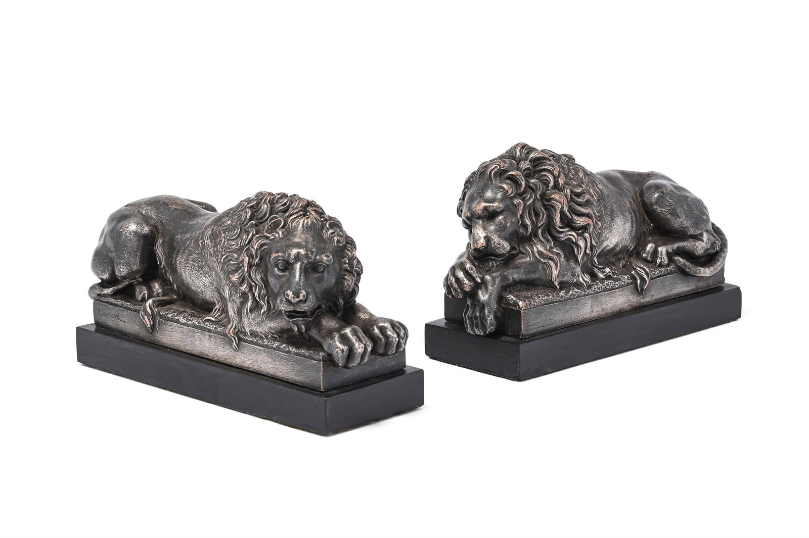 AFTER ANTONIO CANOVA, A PAIR OF FRENCH SILVERED BRONZE REZZONICO LIONS, MID TO EARLY 19TH CENTURY (1 of 5)