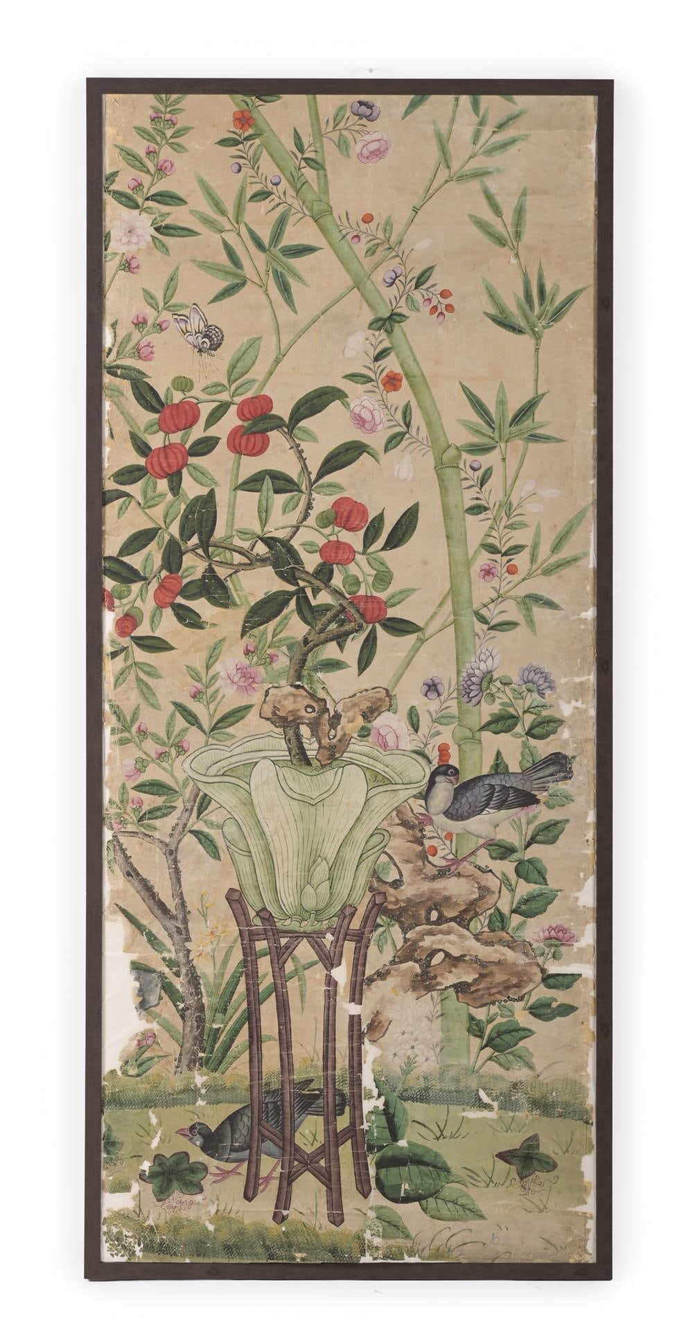 A LARGE FRAGMENT OF POLYCHROME PAINTED CHINOISERIE WALLPAPER, PROBABLY CANTON, 18TH CENTURY (1 of 2)