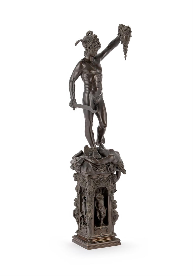 AFTER BENVENUTO CELLINI, A BRONZE FIGURE OF THE TRIUMPH OF PERSEUS, LATE 19TH CENTURY: AFTER BENVENUTO CELLINI, A BRONZE FIGURE OF THE TRIUMPH OF PERSEUS LATE 19TH CENTURY The warrior wearing a winged helmet and brandishing his sword in one hand, the severed head of Medusa in his raised