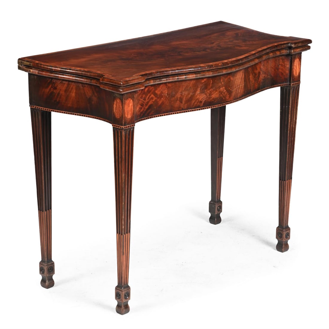 A GEORGE III MAHOGANY, SATINWOOD CROSSBANDED AND INLAID CARD TABLE, CIRCA 1785 (1 of 4)