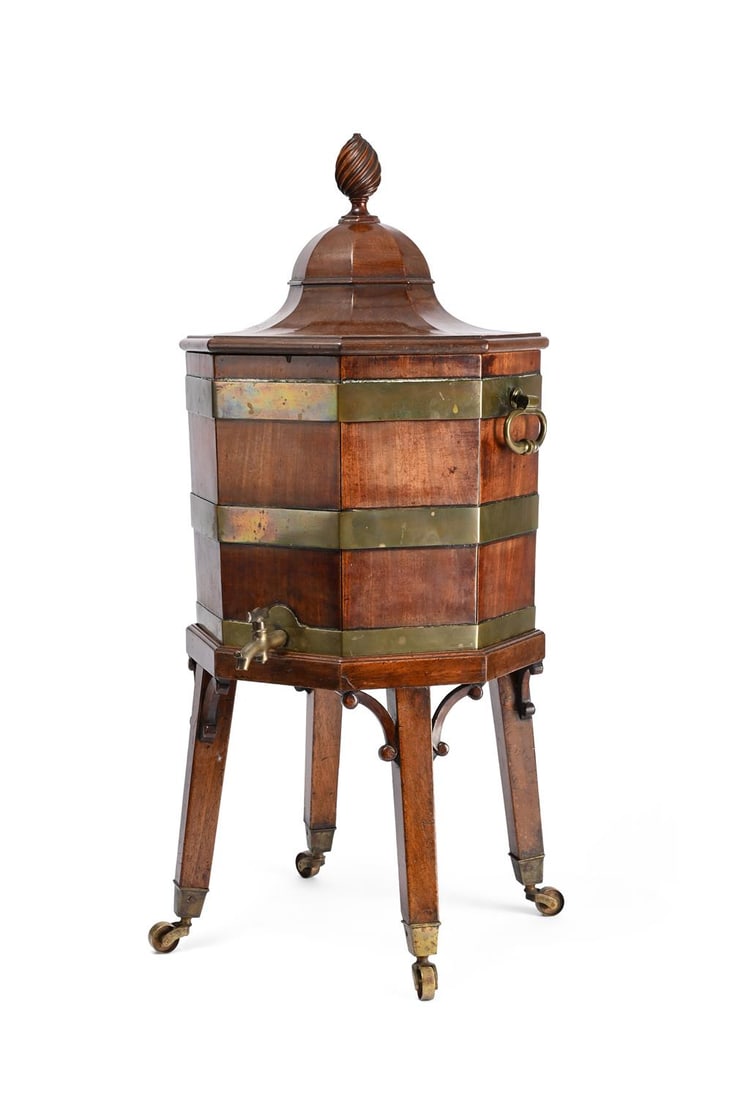 A FINE GEORGE III MAHOGANY AND BRASS BOUND WINE COOLER ON STAND, CIRCA 1770 (1 of 5)