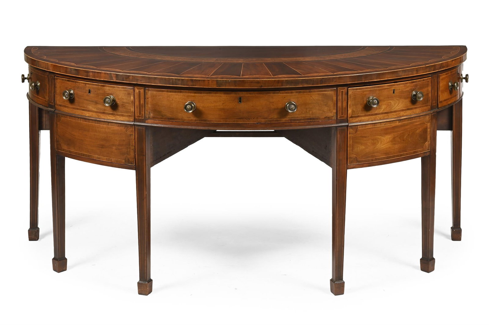 A GEORGE III MAHOGANY AND BURR YEW SEMI ELLIPTICAL SIDEBOARD OR SERVING TABLE, CIRCA 1790 (1 of 3)