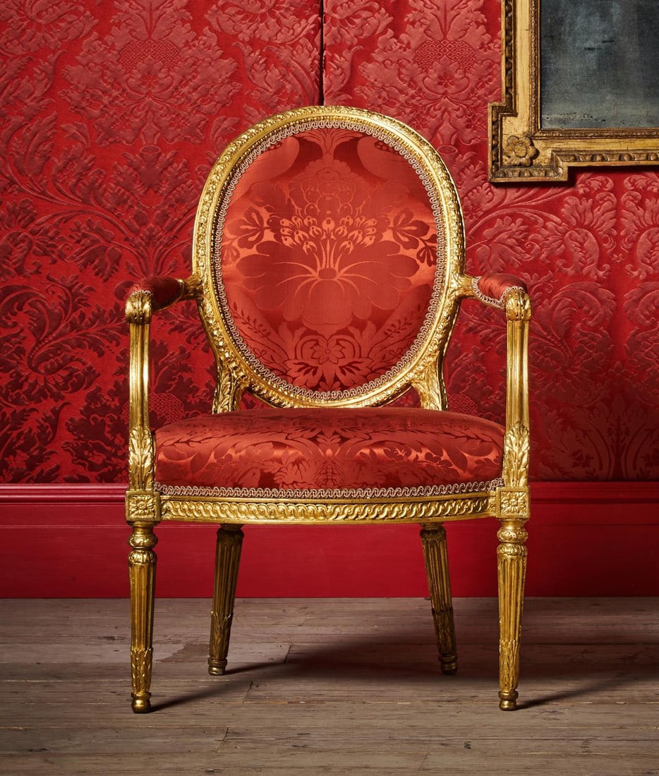 A LOUIS XVI CARVED GILTWOOD AND UPHOLSTERED ARMCHAIR, BY JEAN-BAPTISTE BOULARD, CIRCA 1770: A LOUIS XVI CARVED GILTWOOD AND UPHOLSTERED ARMCHAIRBY JEAN-BAPTISTE BOULARD, CIRCA 1770Stamped to the underside of the seat rails91.5cm high, 61.5cm wide, 42cm deep