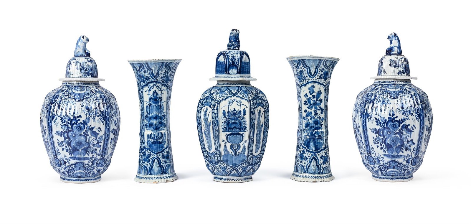 A GARNITURE OF THREE DELFT BLUE AND WHITE VASES, DUTCH, CIRCA 1900 (1 of 6)