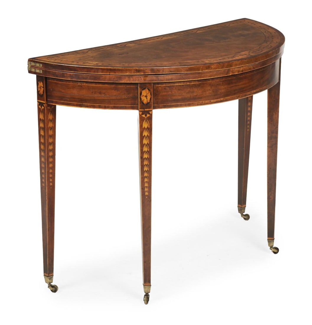 A GEORGE III MAHOGANY, SATINWOOD AND PENWORK DECORATED CARD TABLE, CIRCA 1790 (1 of 4)