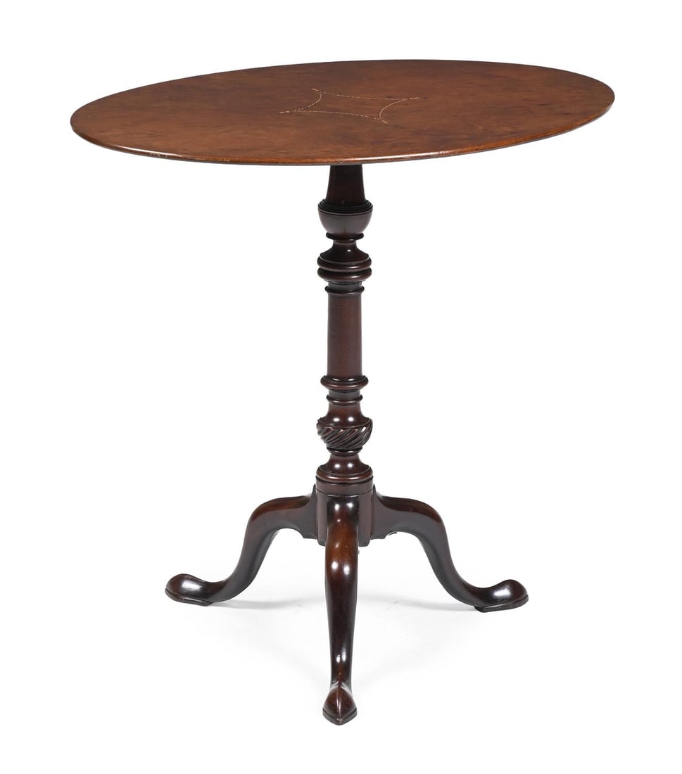 A GEORGE III MAHOGANY AND INLAID OVAL TRIPOD TABLE, CIRCA 1780 (1 of 3)