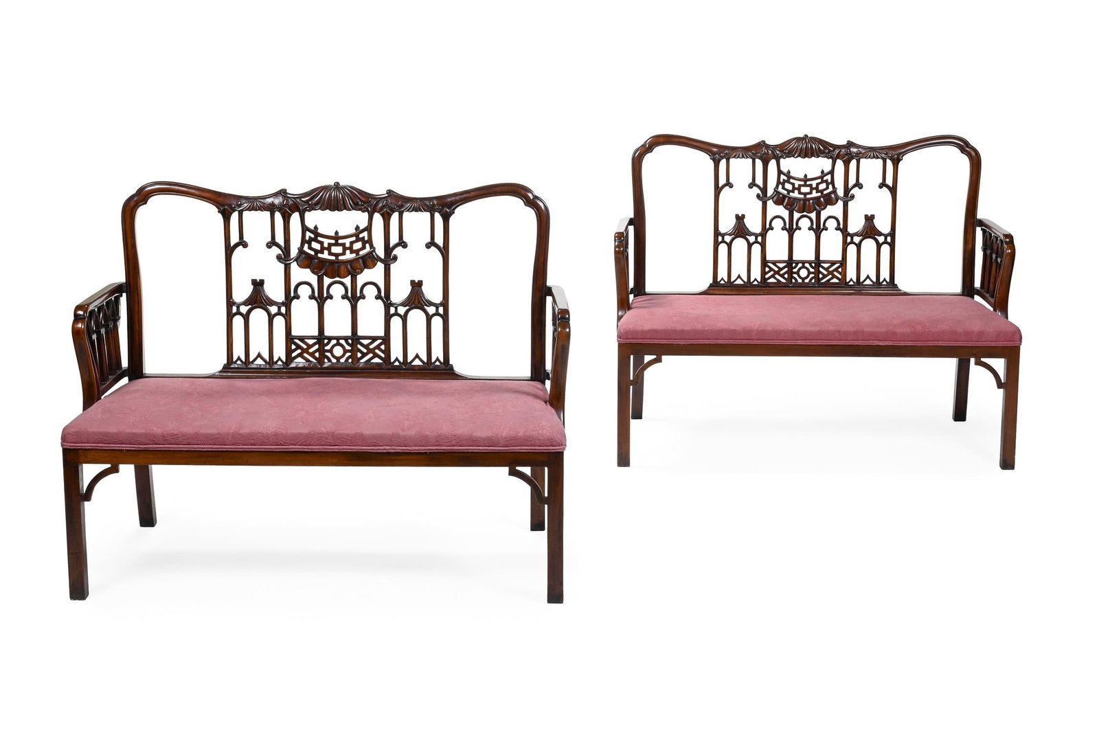 A PAIR OF CARVED MAHOGANY 'CHINESE CHIPPENDALE' SETTEES OR HALL SEATS, FIRST HALF 20TH CENTURY (1 of 4)