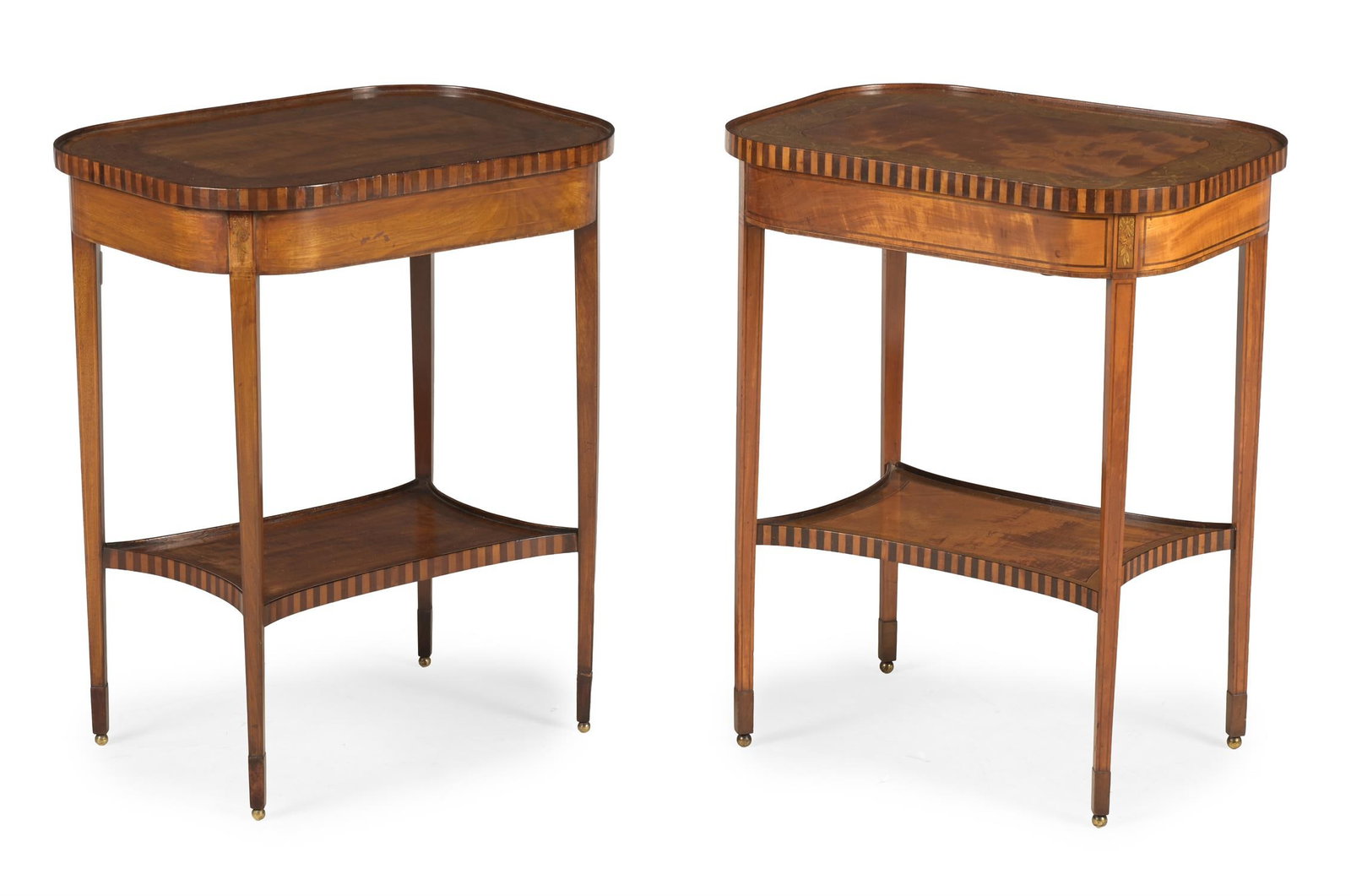 Y A MATCHED PAIR OF GEORGE III SATINWOOD, MARQUETRY AND PENWORK DECORATED TWO TIER OCCASIONAL TABLES (1 of 3)