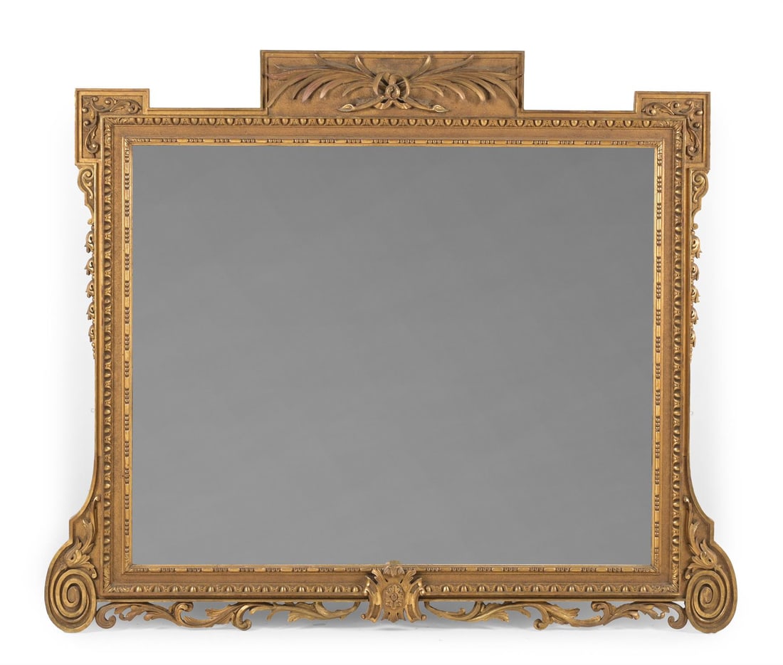A LARGE CARVED GILTWOOD OVERMANTEL MIRROR, IN GEORGE II STYLE, 19TH CENTURY (1 of 2)