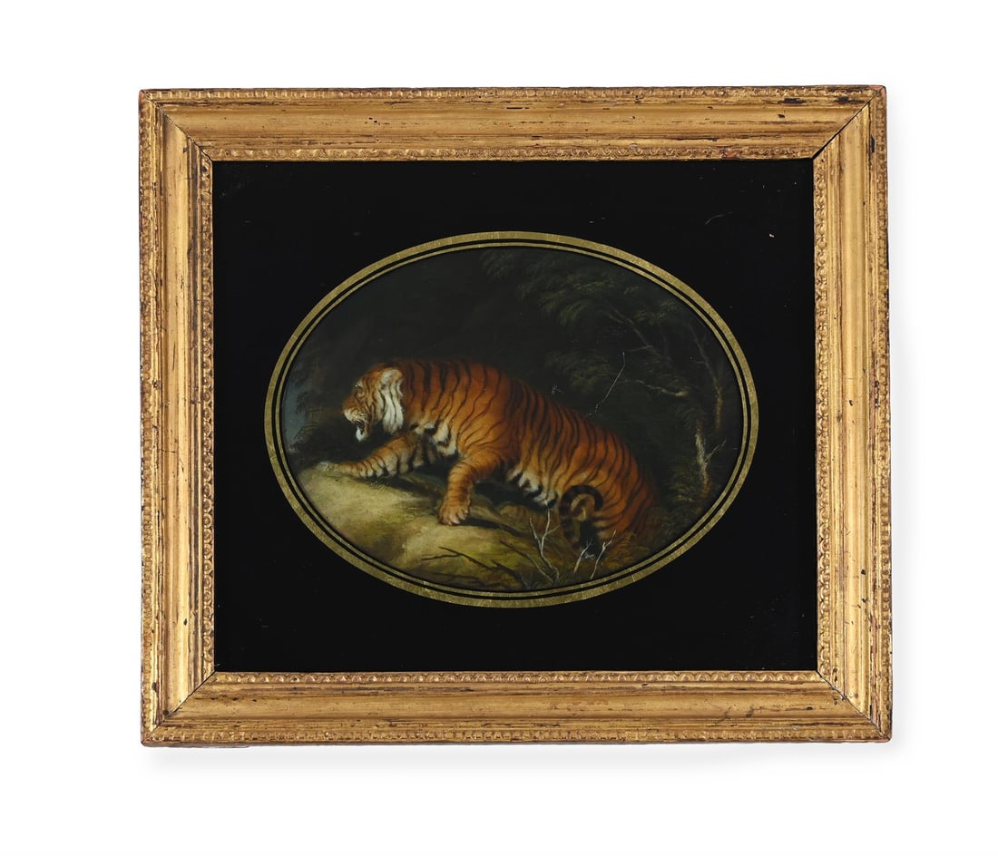 AN UNUSUAL REVERSE PAINTED PICTURE OF A BENGAL TIGER, EARLY 19TH CENTURY (1 of 3)