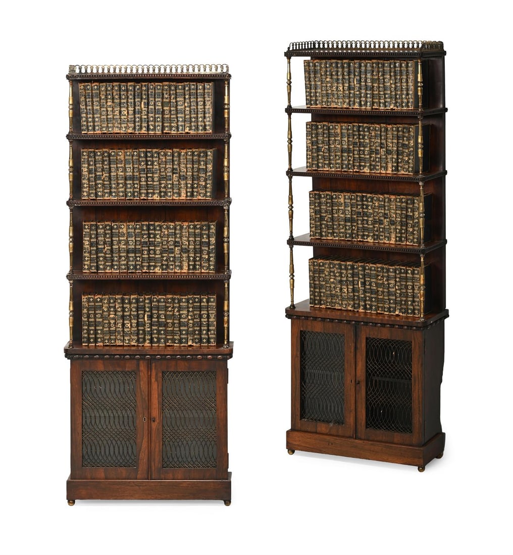Y AN UNUSUAL PAIR OF REGENCY ROSEWOOD AND GILT METAL MOUNTED OPEN BOOKCASES, CIRCA 1820 (1 of 5)