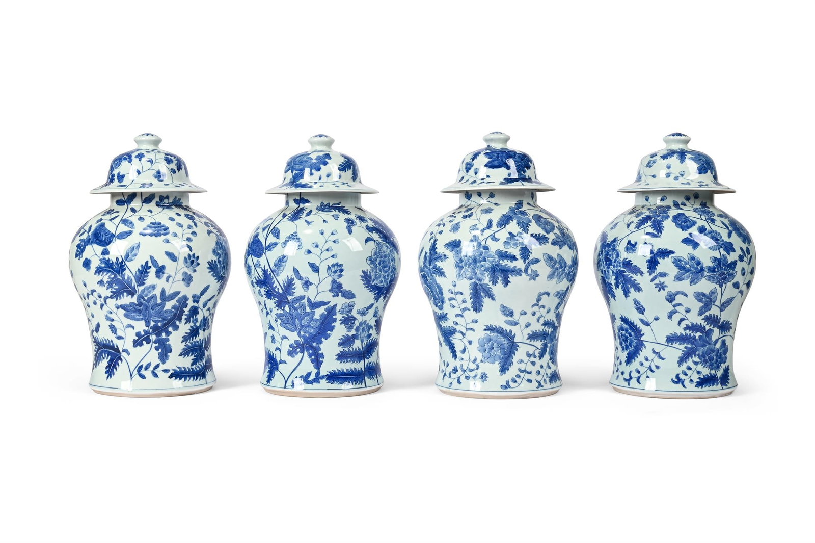 A SET OF FOUR CHINESE BLUE AND WHITE VASES AND COVERS, CONTEMPORARY (1 of 3)