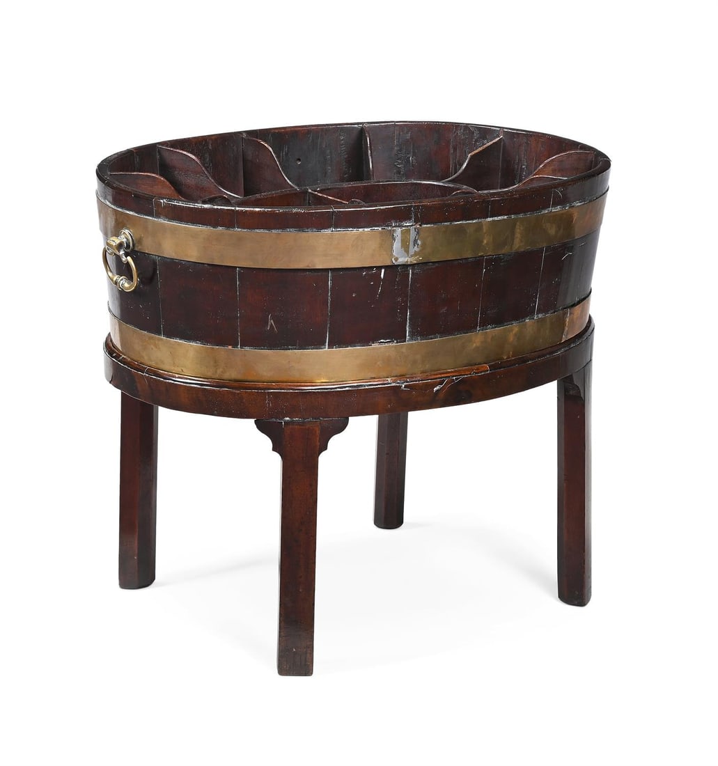 A GEORGE III MAHOGANY AND BRASS BOUND OVAL WINE COOLER ON STAND, CIRCA 1780 (1 of 2)