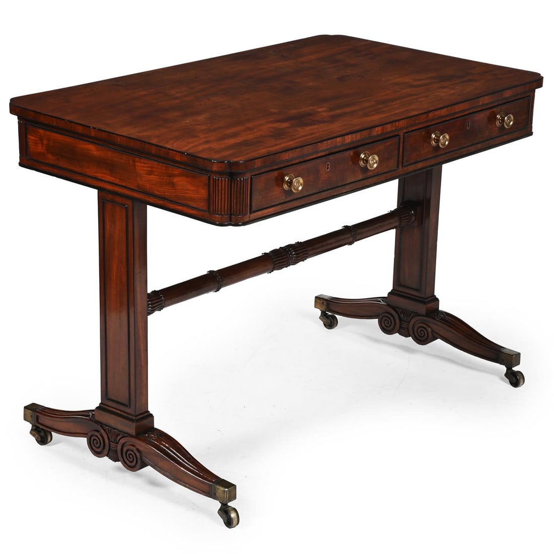 Y A REGENCY MAHOGANY AND EBONY STRUNG LIBRARY OR CENTRE TABLE, CIRCA 1815: Y A REGENCY MAHOGANY AND EBONY STRUNG LIBRARY OR CENTRE TABLEIN THE MANNER OF THOMAS & GEORGE SEDDON, CIRCA 1815The two cedar lined frieze drawers opposing false drawers, with re-entrant and reeded co