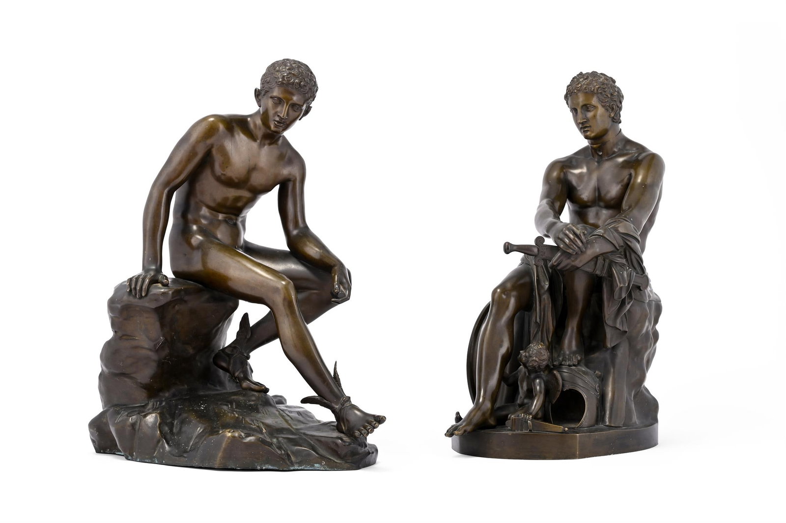 AFTER THE ANTIQUE, A PAIR OF ITALIAN BRONZE FIGURES OF THE SEATED MERCURY AND THE LUDOVISI ARES: AFTER THE ANTIQUE, A PAIR OF ITALIAN BRONZE FIGURES OF THE SEATED MERCURY AND THE LUDOVISI ARES POSSIBLY NAPLES, LATE 19TH CENTURY 44cm and 43cm highFor a comparable pair of figures see Sotheby's Lond