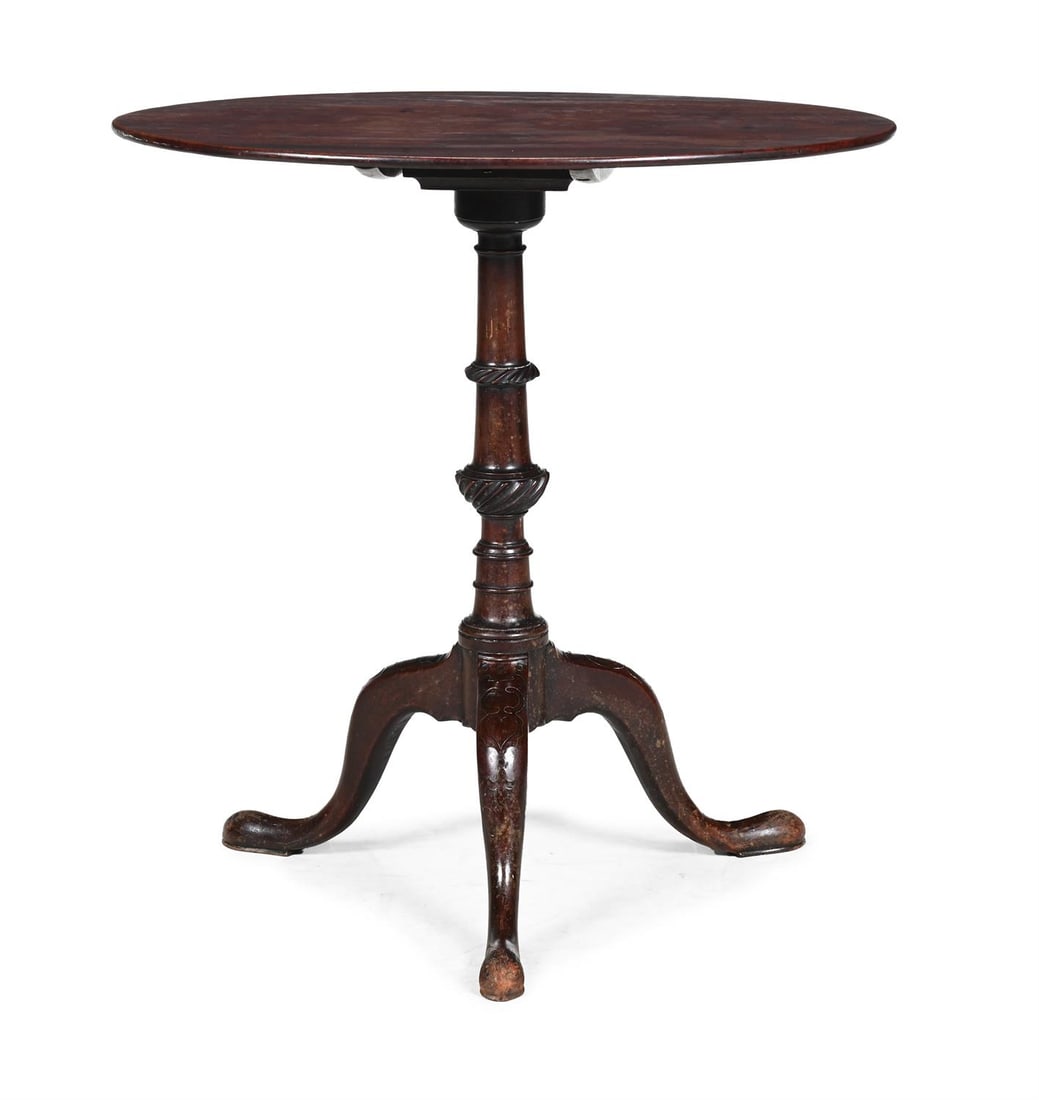 A GEORGE III MAHOGANY AND BRASS STRUNG TRIPOD TABLE, MID 18TH CENTURY (1 of 3)