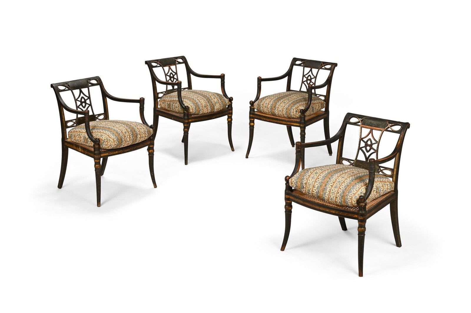 A SET OF FOUR REGENCY PAINTED AND PARCEL GILT ARMCHAIRS, BY JOHN GEE, CIRCA 1820 (1 of 5)