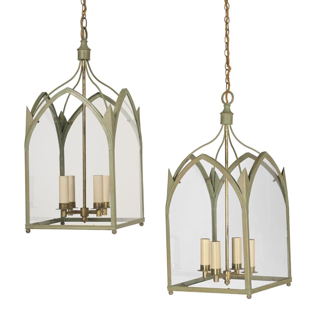 A PAIR OF GREEN PAINTED GOTHIC HALL LANTERNS, IN GEORGE III STYLE, 20TH CENTURY (1 of 2)