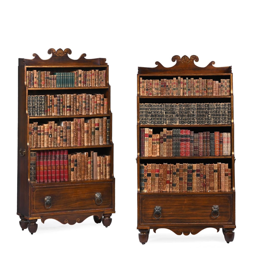 A PAIR OF PAINTED, PARCEL GILT AND PENWORK DECORATED WATERFALL BOOKCASES, FIRST HALF 19TH CENTURY (1 of 6)