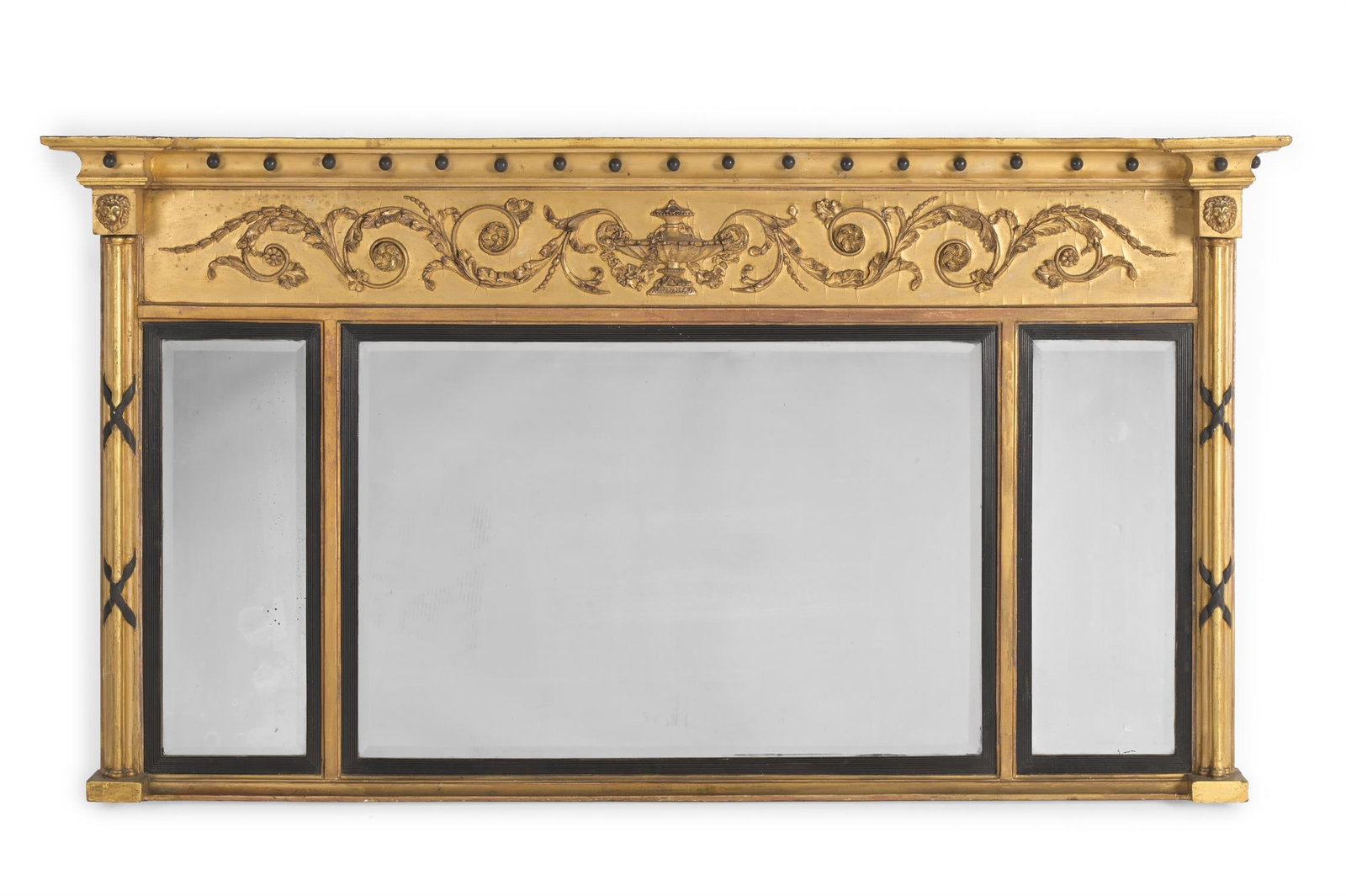 A REGENCY CARVED GILTWOOD, GESSO AND EBONISED TRIPTYCH OVERMANTEL MIRROR, CIRCA 1815 (1 of 2)