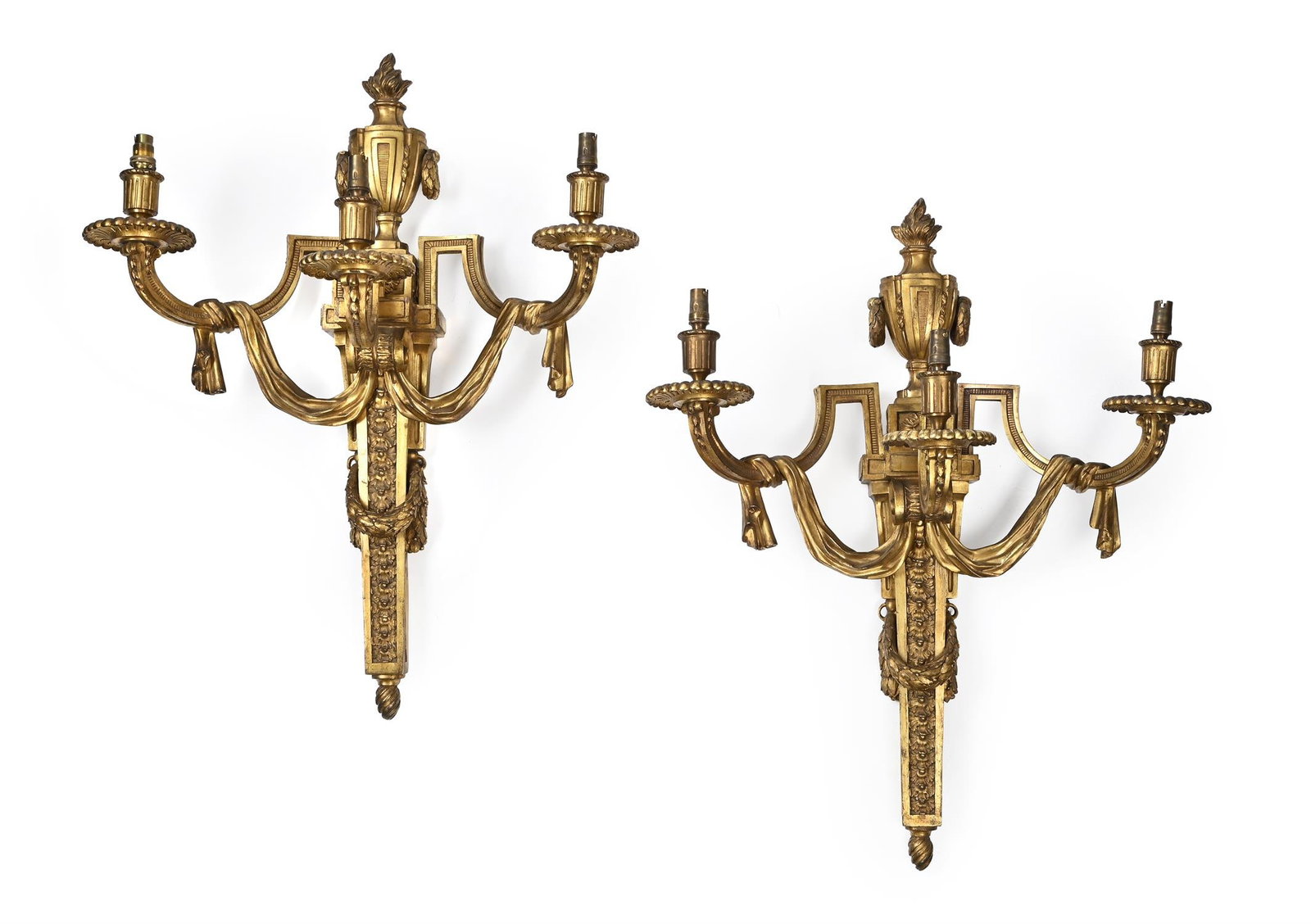 A LARGE PAIR OF GILT BRONZE THREE BRANCH WALL LIGHTS, IN LOUIS XV STYLE, MID TO LATE 19TH CENTURY (1 of 2)