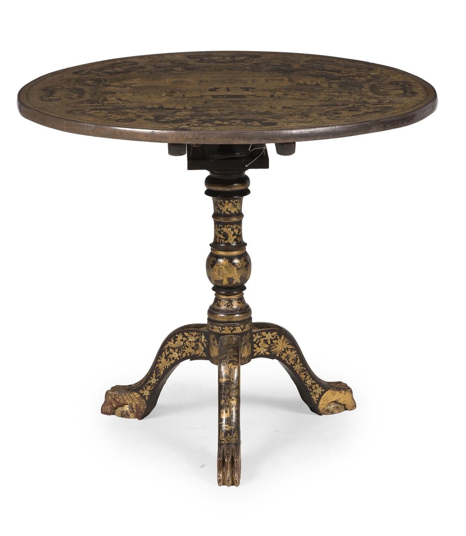 A CHINESE EXPORT BLACK LACQUER AND CHINOISERIE DECORATED 'BIRDCAGE' TRIPOD TABLE (1 of 5)