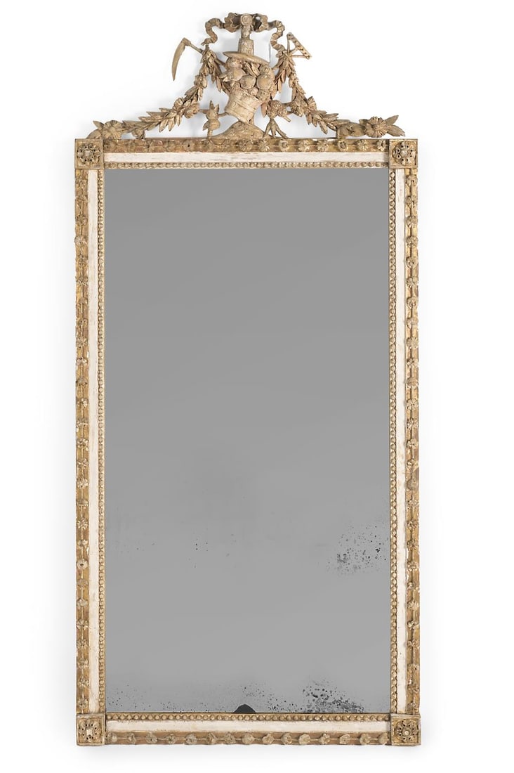 A LARGE CONTINENTAL CARVED, PAINTED AND PARCEL GILT MIRROR, EARLY 19TH CENTURY (1 of 2)