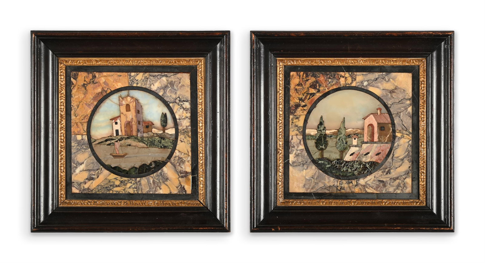 A PAIR OF ITALIAN PIETRE DURE MARBLE LANDSCAPE PANELS, MID 19TH CENTURY (1 of 4)