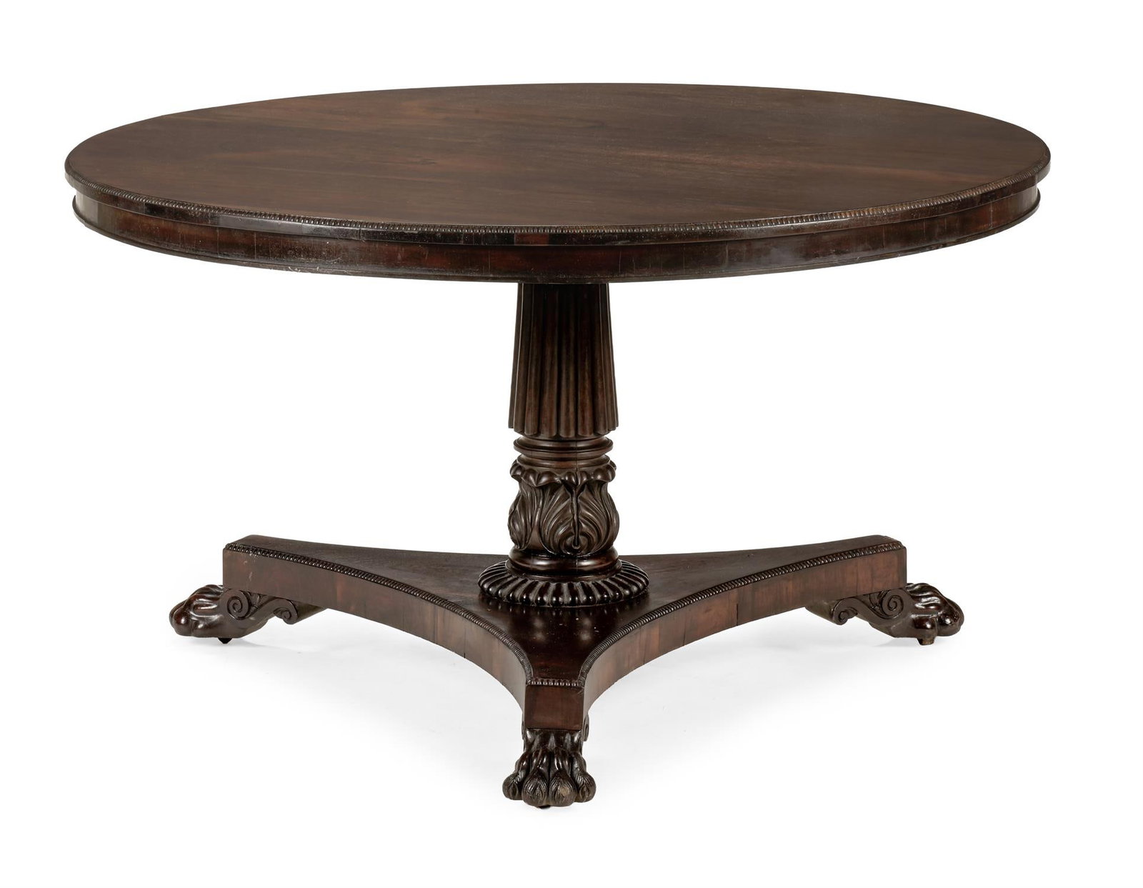 Y A GEORGE IV ROSEWOOD CENTRE TABLE, IN THE MANNER OF GILLOWS, CIRCA 1825: Y A GEORGE IV ROSEWOOD CENTRE TABLE IN THE MANNER OF GILLOWS, CIRCA 1825With a carved acanthus and cluster column, the lion's paw feet with recessed steel castors76cm high, 126cm diameter ϒ Indic