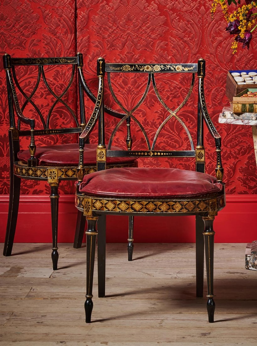A PAIR OF EBONISED, POLYCHROME PAINTED AND PARCEL GILT ARMCHAIRS, FIRST HALF 20TH CENTURY (1 of 5)