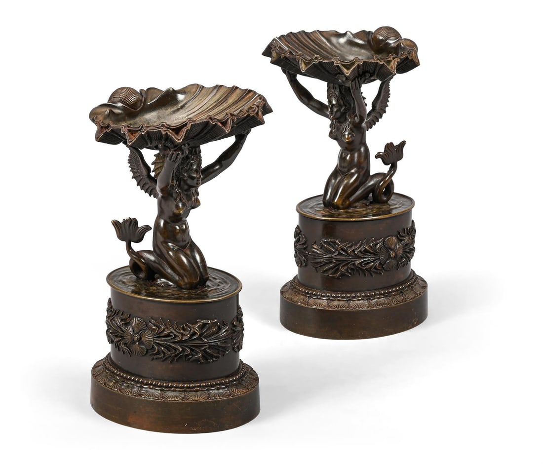 A PAIR OF RENAISSANCE REVIVAL BRONZE SEA NYMPH TAZZA OR SALTS, EARLY 19TH CENTURY (1 of 4)