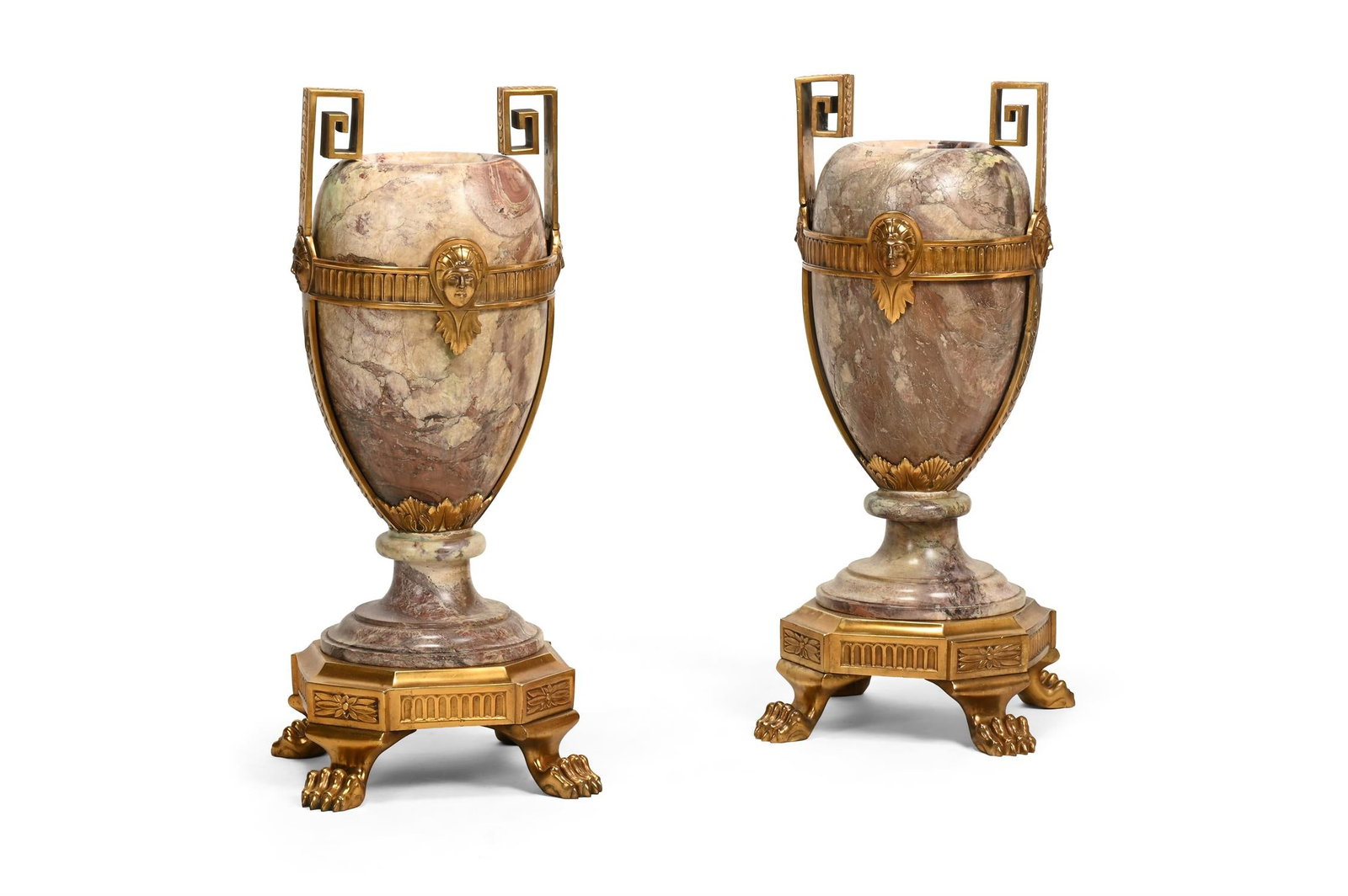 A LARGE PAIR OF GILT METAL MOUNTED BRECHE VIOLET MARBLE URNS, 19TH CENTURY (1 of 4)