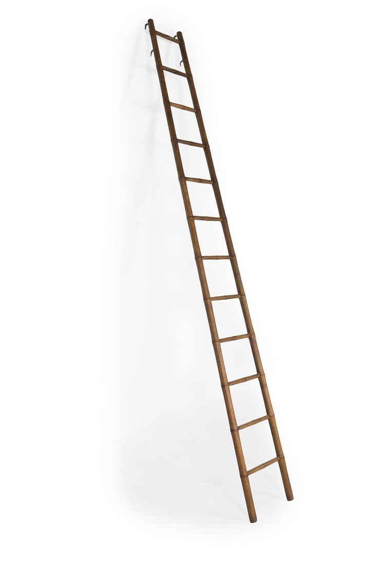 A LARGE TURNED ASH SIMULATED BAMBOO LIBRARY LADDER, 19TH CENTURY (1 of 3)