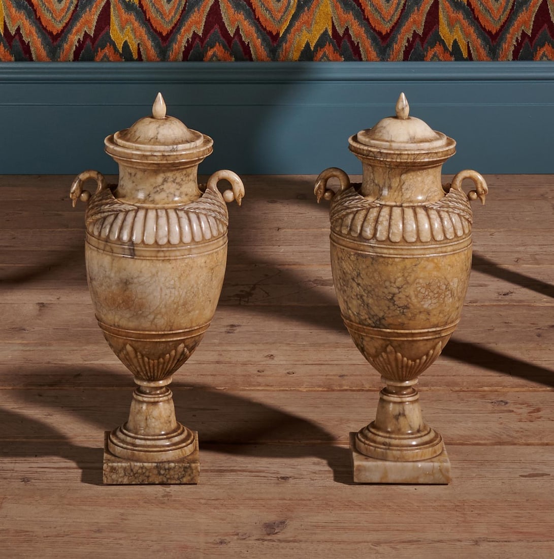 A PAIR OF MARBLE AND ALABASTER URNS, 20TH CENTURY (1 of 5)